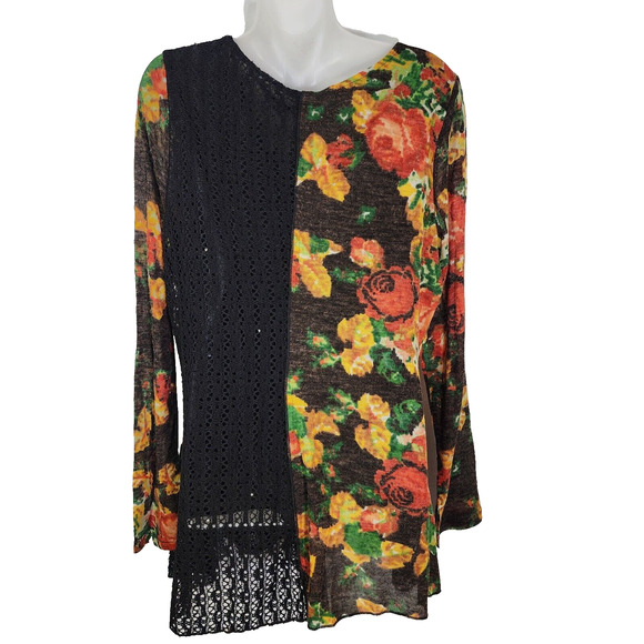 This & That Blouse Large Multicolor Mix Media Cowl Neck Crochet Patchwork Sheer - Picture 2 of 11